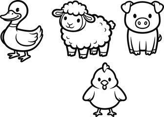Set of Cute Farm Animals Duck, Sheep, Pig, Cow, and Dog Outline Icons Vector Illustration