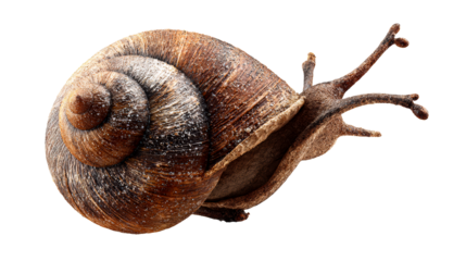 Close up of garden snail with coiled shell and visible antennae