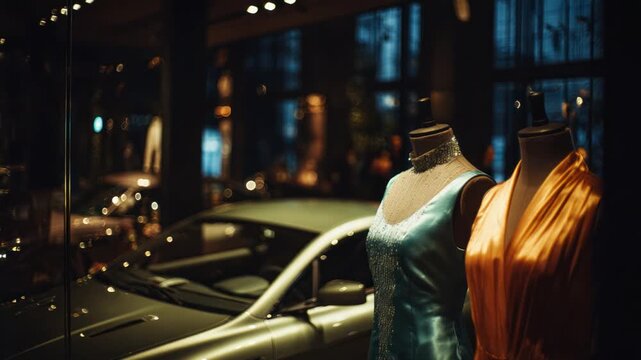 Elegant evening gowns displayed on mannequins, with a vintage car visible through a glass storefront at night