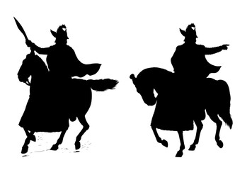 Heavily armed rider. Ancient and medieval cavalry silhouette drawing.
