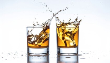Dynamic Refreshing Whiskey Splash in Transparent Glass on White Background