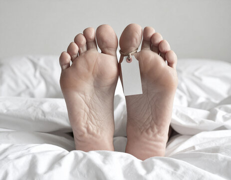 Close-up of the soles of a deceased person's feet, with an identification tag attached to one of the toes
