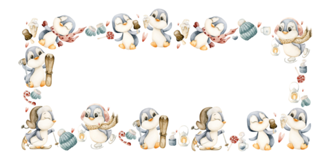 Cute Penguins Winter Fun Sports Frame. Watercolor hand drawn illustration isolated on white background for Valentine