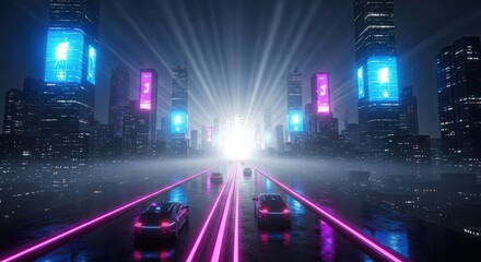 Fototapeta premium Futuristic neon lit cityscape with glowing vehicles racing down illuminated lanes towards a bright central light