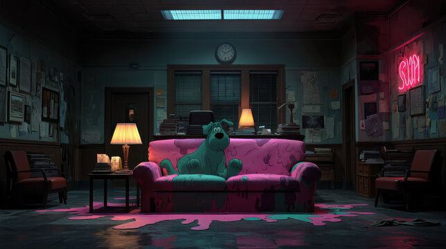 A cartoonish room with a pink couch and a neon sign that says "S0". The room is dark and has a creepy atmosphere