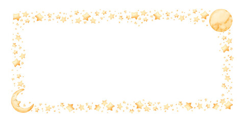 Cute golden moon crescent stars frame. Watercolor hand drawn illustration isolated on white background for card label