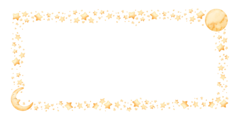 Cute golden moon crescent stars frame. Watercolor hand drawn illustration isolated on white background for card label