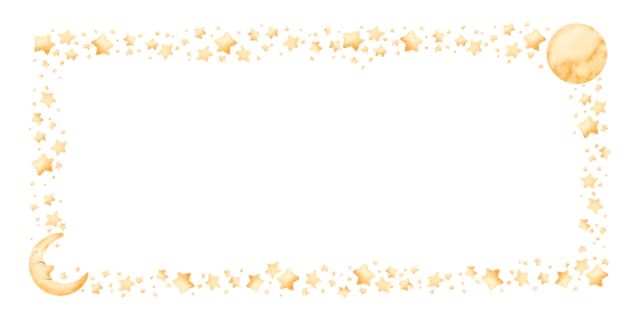 Cute golden moon crescent stars frame. Watercolor hand drawn illustration isolated on white background for card label