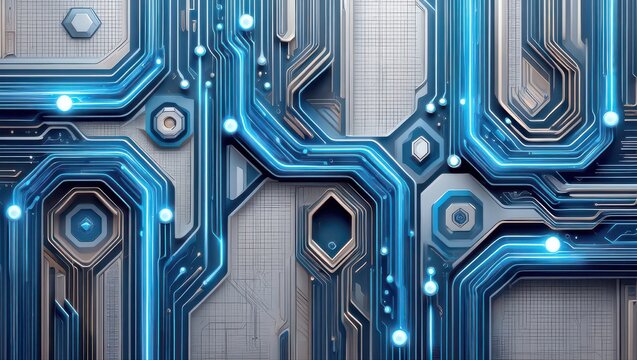 Intricate futuristic circuit board with glowing blue neon data pathways and connections.