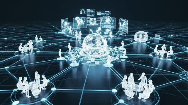 Futuristic, connected figures interact in a digital world with data visualizations & a central globe - Powered by Adobe