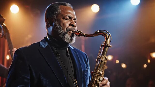 Mature musician passionately playing the saxophone during a live concert in a jazz club, with a double bass player and an audience visible in the dimly lit, atmospheric background
