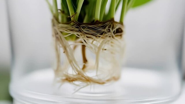 Plant roots submerged in water inside a glass container, bright background