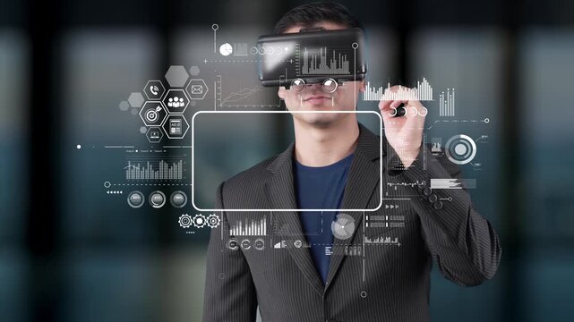 A young businessman explores innovative technology through a virtual reality headset. The image showcases a futuristic digital interface representing data and interaction in a modern office. Raster - Powered by Adobe