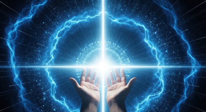 Hands reaching upwards towards a brilliant blue cosmic energy burst creating a powerful portal