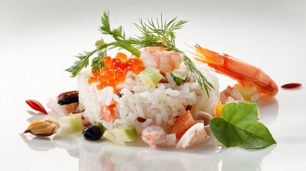 Gourmet seafood rice dish with shrimp, salmon roe, and fresh herbs elegantly plated on white with artistic presentation and colorful garnishes