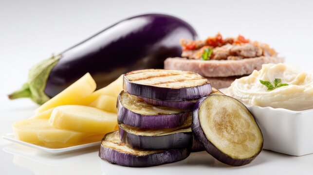 Grilled eggplant slices stacked with raw ingredients including whole eggplant, potatoes, meat and cheese, healthy cooking preparation concept on white background