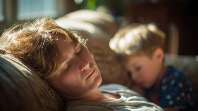 Happy woman relaxing on couch at home with man in background, enjoying peaceful leisure time in comfortable living room with natural window light - Powered by Adobe