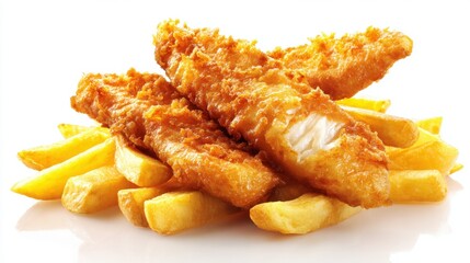 Crispy golden fried fish fillets with french fries on white background for seafood fast food restaurant menu concept © Ruslan Gilmanshin