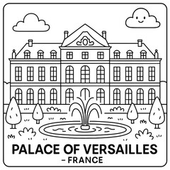 Fototapeta premium Illustration of palace of versailles with fountain, trees, and clouds in black and white