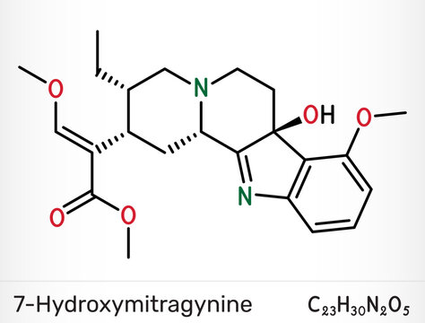 7-Hydroxymitragynine indole alkaloid from kratom. Chemical structure. Vector illustration