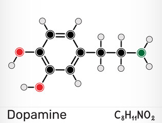 Dopamine molecule. Catecholamine neurotransmitter and brain reward chemical. Vector illustration