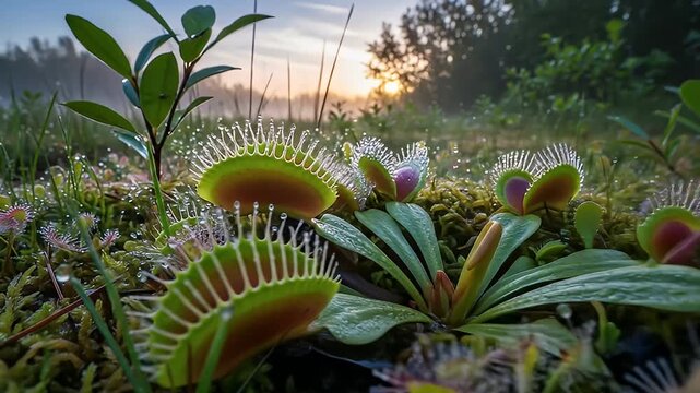 Venus flytraps & sundews glisten in morning light against a misty forest backdrop