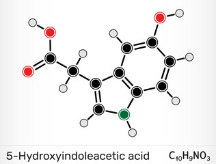 5-Hydroxyindoleacetic acid, 5-HIAA molecule C10H9NO3. Serotonin metabolite and biomarker. Vector illustration