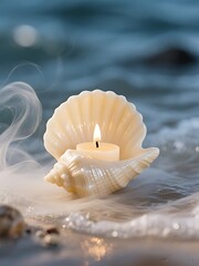 A single seashell-shaped candle