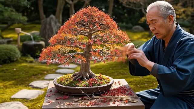 Man tends a red maple bonsai tree in a tranquil outdoor garden setting on sunny day