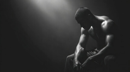 Boxer in dark room reflects on challenges and strength in dramatic lighting