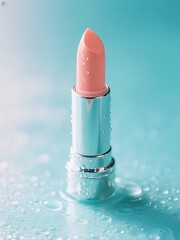 A single lipstick, pastel coral shade reflecting aqua tone