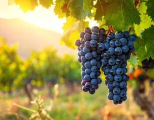 Fototapeta premium Close-up of ripe grapes hanging on the vine at sunset, with sunlight filtering through the leaves