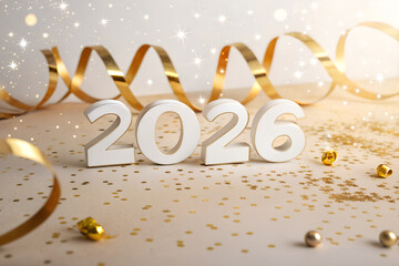 Happy New Year 2026 greeting with bold white numerals surrounded by golden ribbons, confetti, and ornaments on sparkling background creating festive celebration generative ai