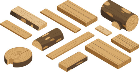 Isometric illustration of various wooden planks and logs in different shapes and sizes, lumber material collection for woodworking design
