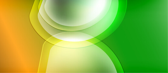 Abstract design features overlapping circles, gradients. Orange, green hues create dynamic visual effect. Smooth transitions dominate composition.