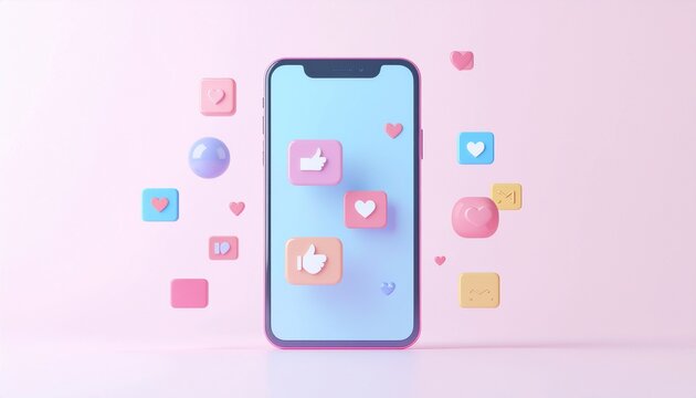 Smartphone with floating social media icons, likes, shares, and comments, digital engagement and influencer marketing concept  - Powered by Adobe