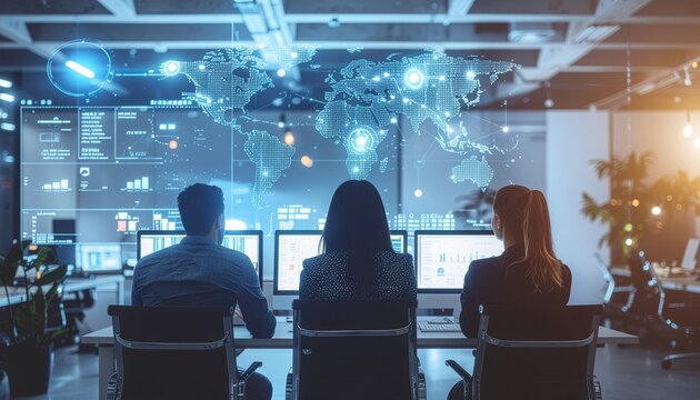 Creative digital marketing agency meeting with people analyzing data on big screen