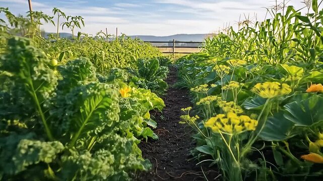 View down a vegetable garden row with lush greens, corn, flowers, and mountains in distance