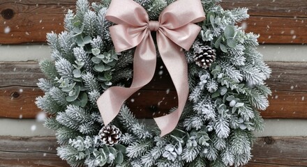 A festive Christmas wreath with a large pink bow on a rustic wooden wall. Snow-flocked evergreen and eucalyptus holiday decoration for the New Year celebration