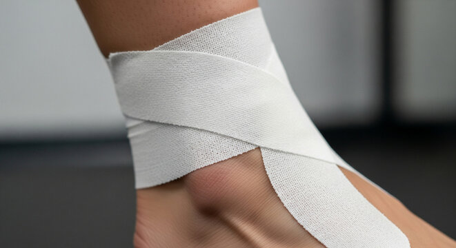 Sports medical tape, gently wrapped around the ankle to protect and prevent sports injuries or sprains