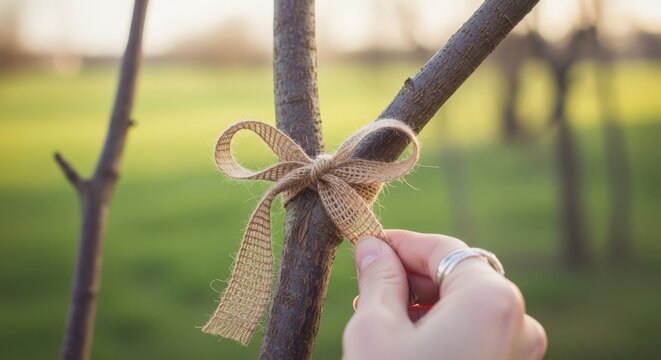 Hand tying burlap ribbon around tree branch in outdoor setting  