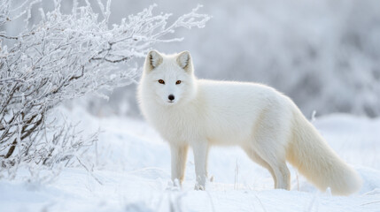 Naklejka premium White fox stands gracefully in a snowy winter landscape with frozen trees
