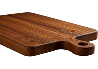 Ultra-macro close-up of a bespoke teak wood cutting board with rich natural grain, rounded corners, lustrous finish, stylized handle, dewy sheen on transparent studio background. Premium product