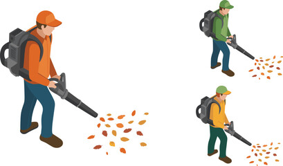 Isometric illustration of workers cleaning autumn leaves using leaf blowers, seasonal maintenance concept, professional landscape service equipment, vector design