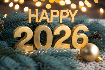 Happy 2026 New Year greeting in glittery gold letters with evergreen branches, pinecones, ornament ball, and warm glowing lights creating cozy festive celebration generative ai