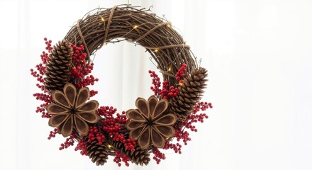 A rustic holiday wreath with pinecones and red berries on a white background. Natural handmade Christmas and New Year decorations with copy space