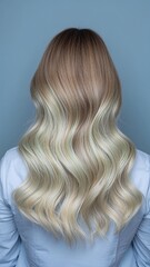 Naklejka premium Vertical banner, wallpaper for social media of Image is a portrait-style photograph focusing on the back of a persons head and shoulders. The subject has long, wavy hair with a gradient color