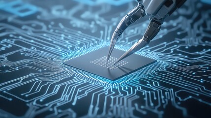 robotic arm meticulously assembling a complex microchip, extreme close-up on the delicate pincers and the silicon wafer, sterile cleanroom environment, sharp focus, cinematic. 