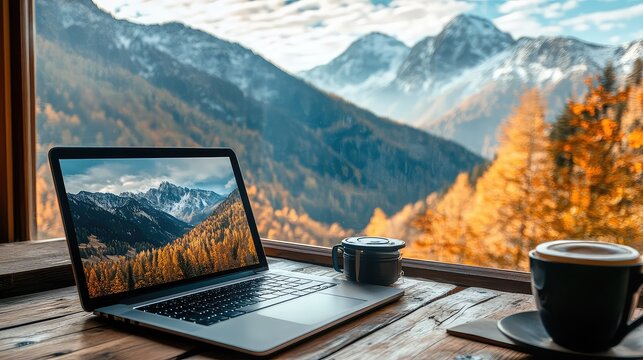 Remote work with mountain view, laptop and espresso 