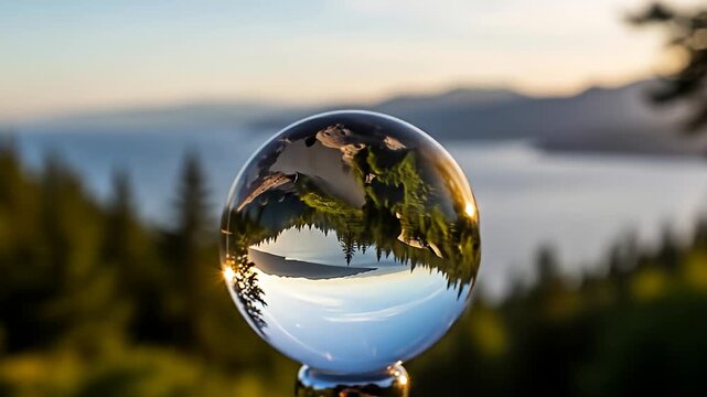 Landscape inverted within a glass orb held aloft on a finger against a scenic backdrop